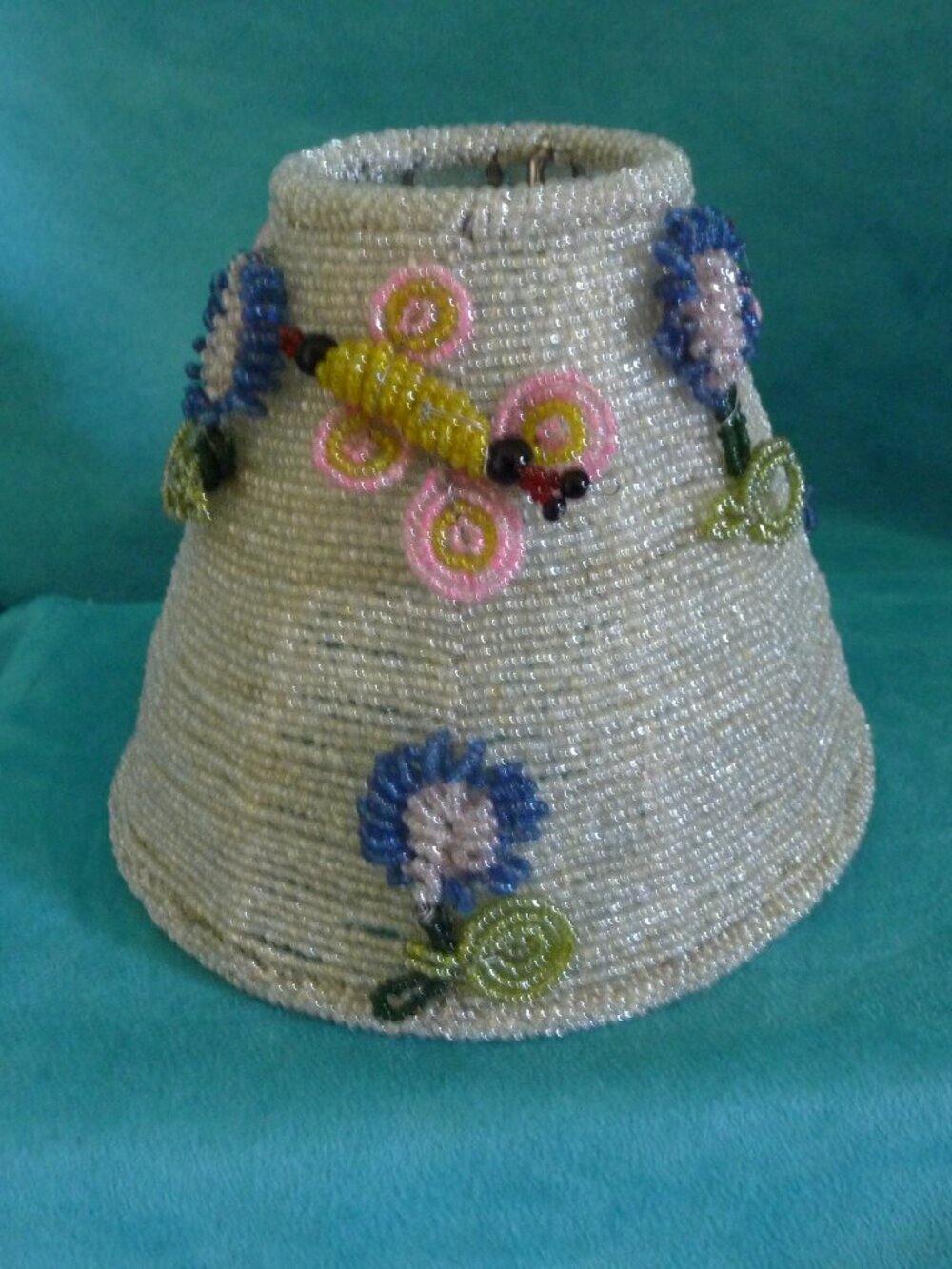 Vintage Seed Beaded 3D Floral Lamp Shade handmade wire metal Ornate